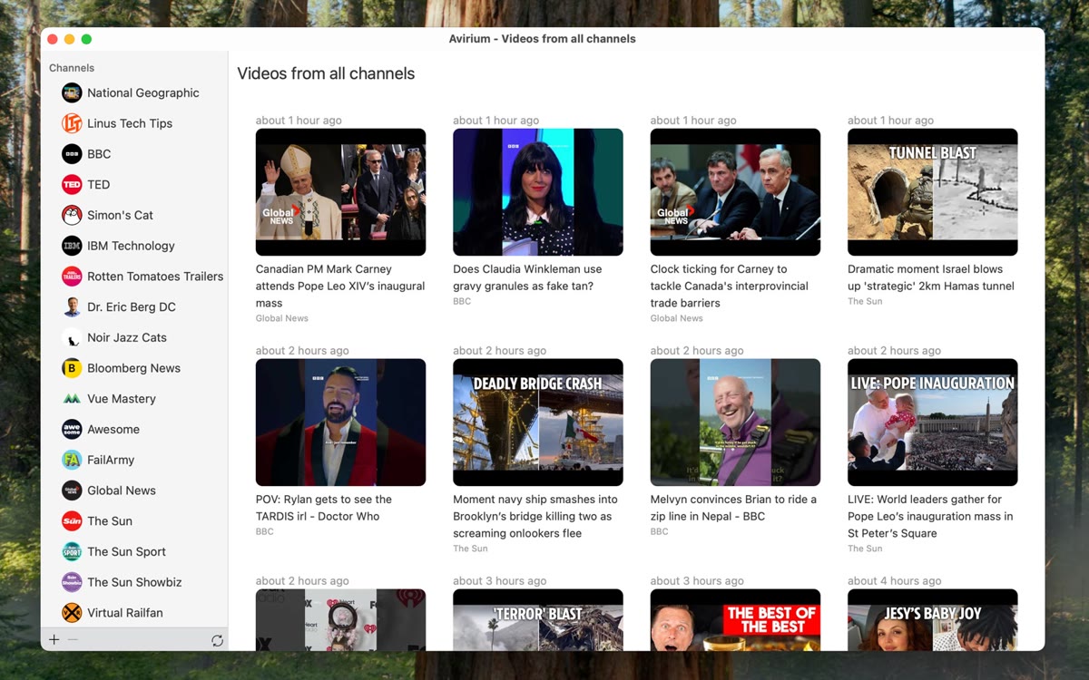 Avirium showing a curated feed of videos from selected YouTube channels