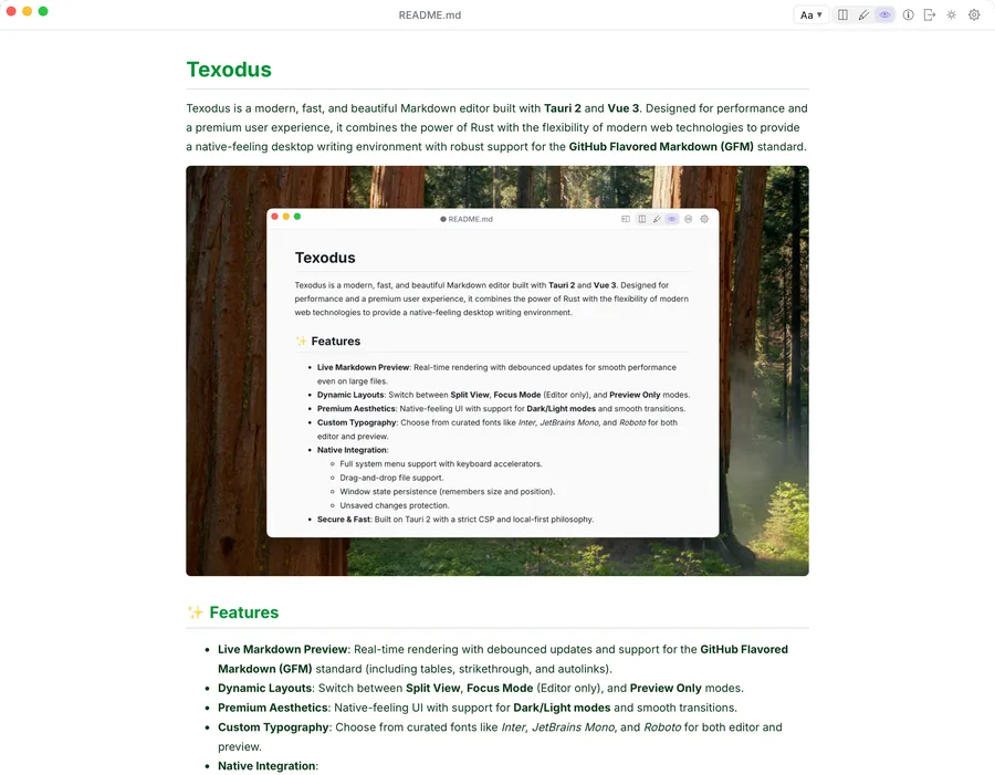 Preview Only mode showing a rendered README with an image and a list.