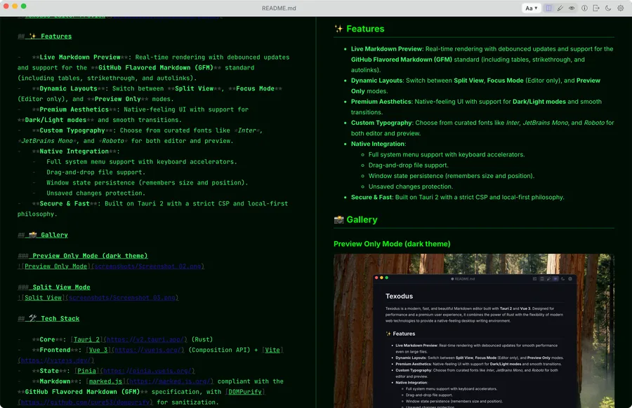 Split View in the dark Matrix color scheme.