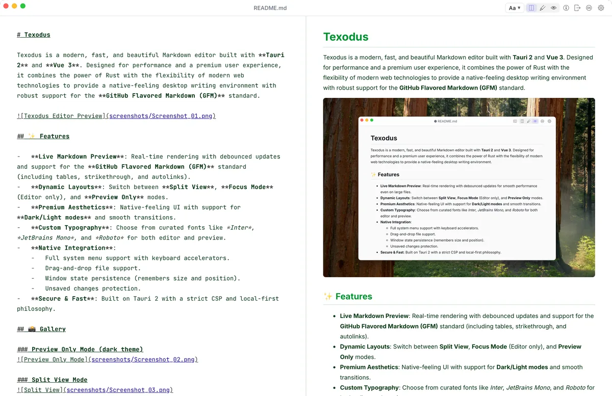Texodus in Split View: Markdown source on the left, the rendered document on the right.
